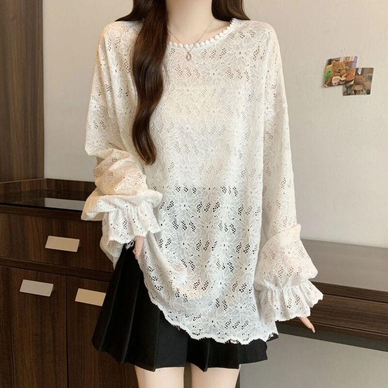 Lace Crochet Hollow-Out Long-Sleeve Base Shirt for Women, New Spring and Autumn Style, Plus-Size, Slimming, Mid-Length, Hip-Covering Top