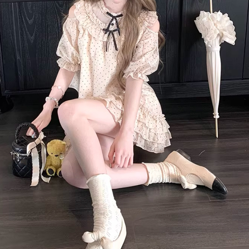 Elegant Girl Polka Dot Tea Party Tencel Polka Dot Set Dress French Off-Shoulder Shirt Top Summer New Style Unique and Beautiful