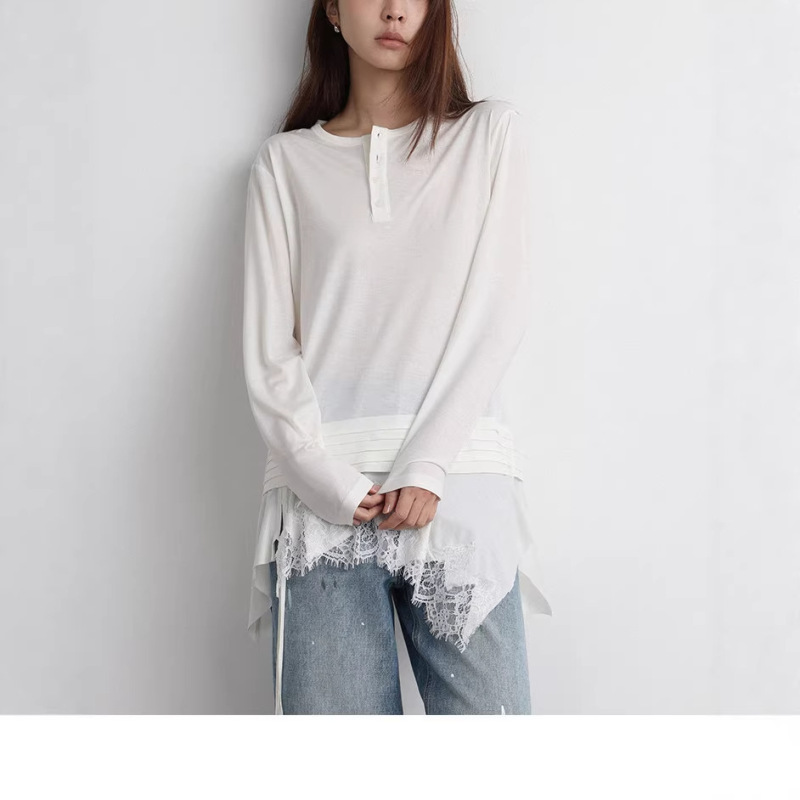 Niche Designer!'Timeless Moments' Asymmetrical Silk Lace Patchwork Long-Sleeve T-Shirt for Women Niche Designer!'Timeless Moments' Asymmetrical Silk Lace Patchwork Long-Sleeve T-Shirt for Women