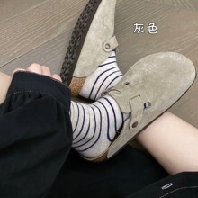 三喜同款牛皮现货复古包头拖鞋外穿一脚蹬女半拖毛毛拖真皮勃肯鞋