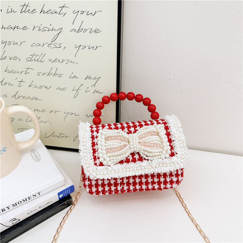 Año Nuevo gran bolso cuadrado rojo para niños bolso de perla bebé lindos bolso de cadena de arco bolso de cambio de niñas