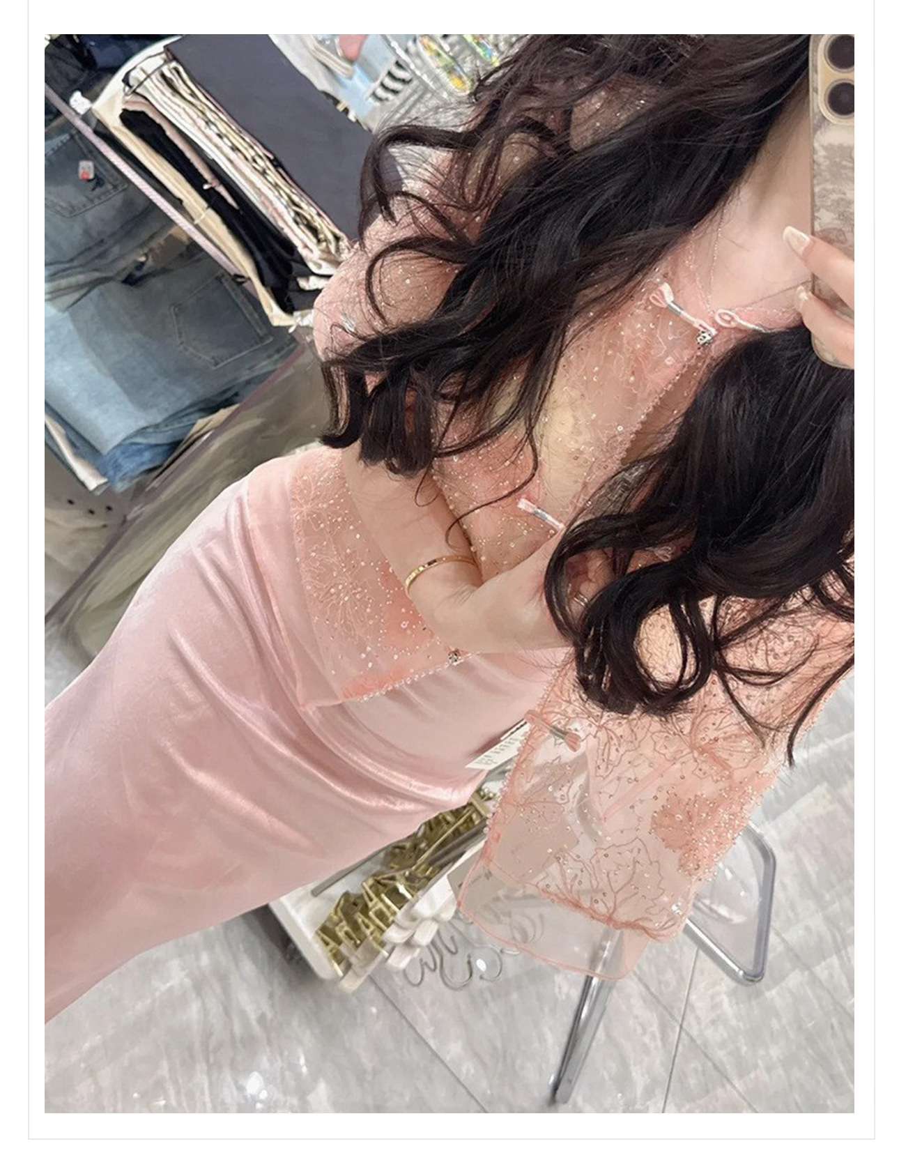 Áo thêu hoa acetate phong cách Trung Quốc mới mùa hè 2026, đính sequin và hạt cườm nặng — Áo màu hồng chi tiết 3