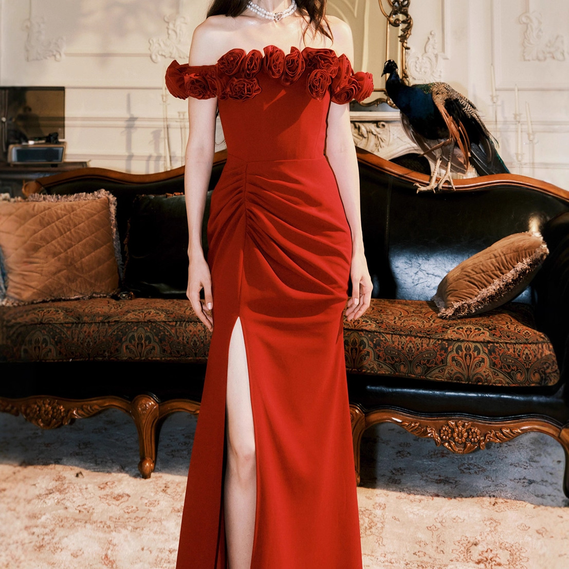 Vintage Heavy Industry Three-Dimensional Rose dress Light Luxury Red Engagement Toasting Dress Fishtail Elegant Dress 2011