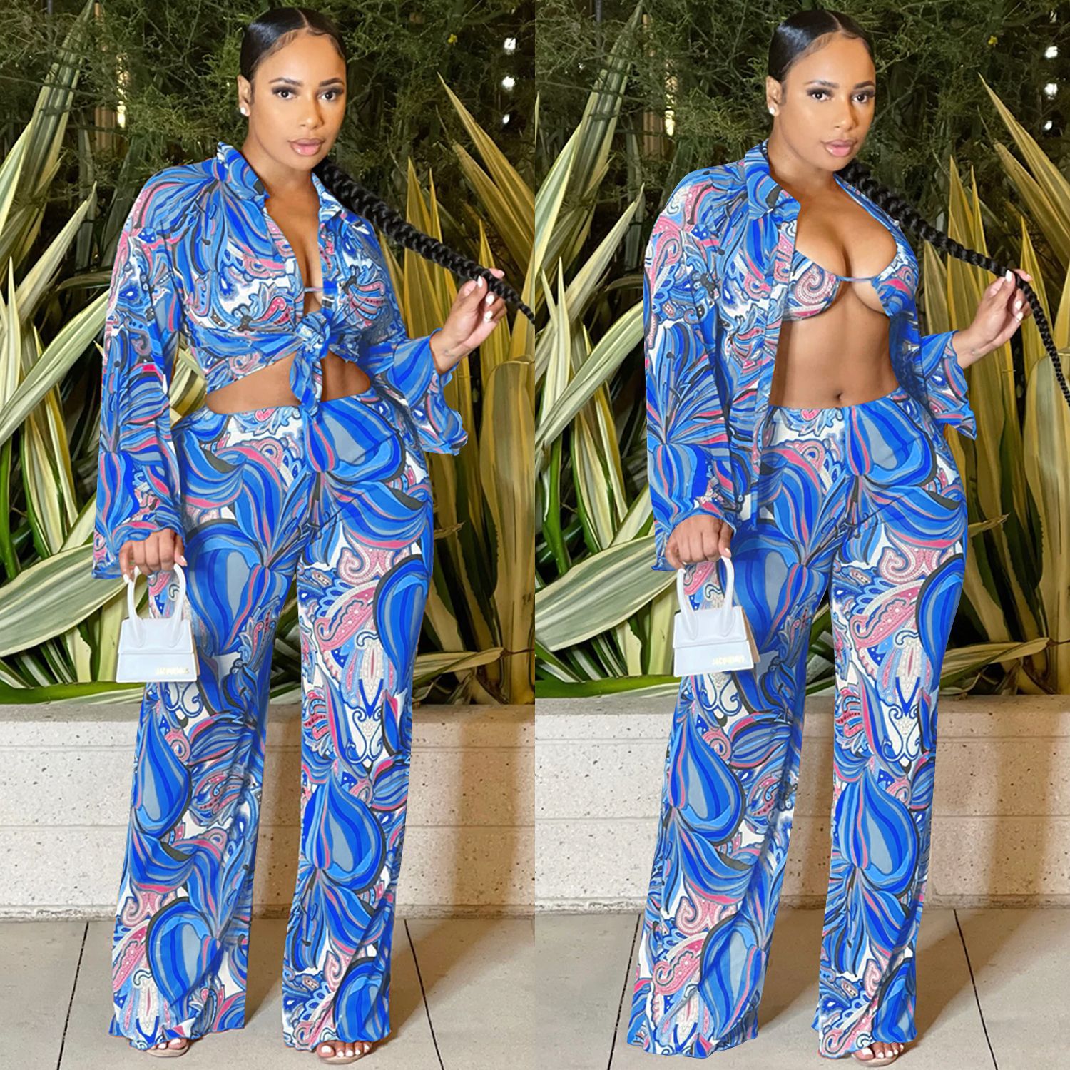 X5839 transfronterizo europeo y americano moda AliExpress Amazonas sexy malla transparente impreso manga larga de tres piezas ropa de mujer