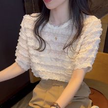 薄款雪纺衫女夏2025年新款压皱泡泡短袖网红蕾丝小衫气质爆款上衣