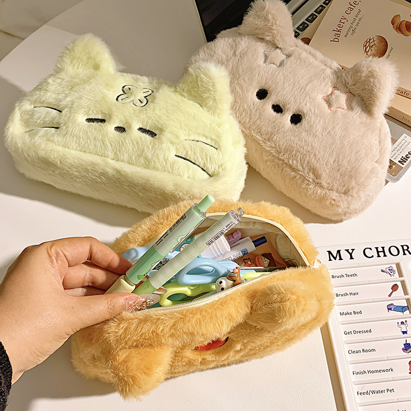 Genuine plush cute capacious universal pencil case for students, high quality stationery, cat 3