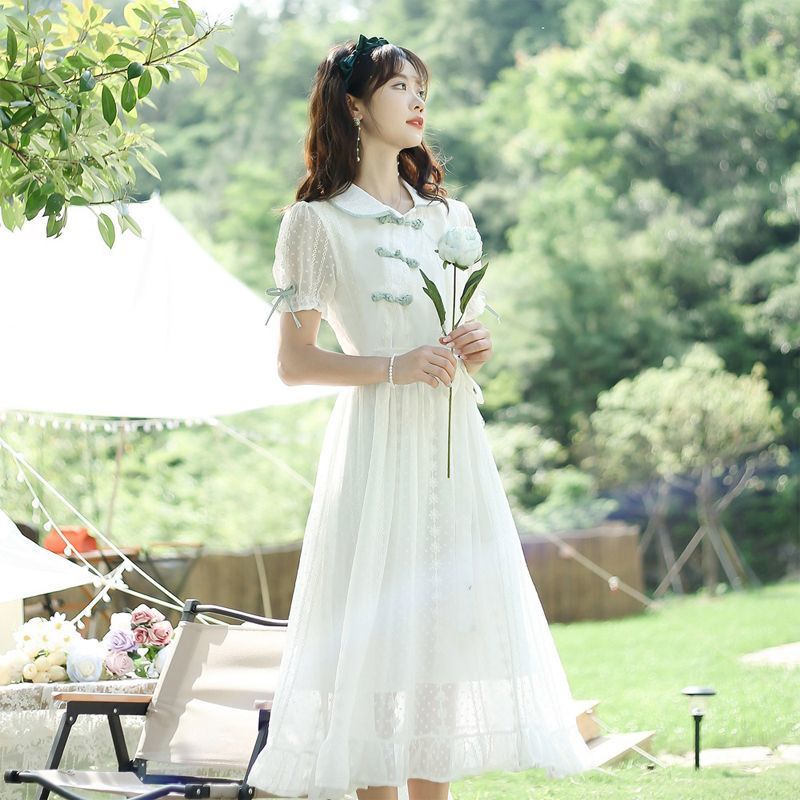 Chinese Style White Dress with Disc Buttons, High-End Light Luxury, Artistic Retro Mid-Length Skirt, High-Waisted Slimming Short-Sleeved Skirt