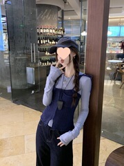 小个子韩系修身针织吊带背心叠穿正肩长袖恤春季女上衣两件套装