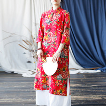 2412喜墨原创春夏棉麻东北大花新款女装复古立领盘扣宽松连衣裙