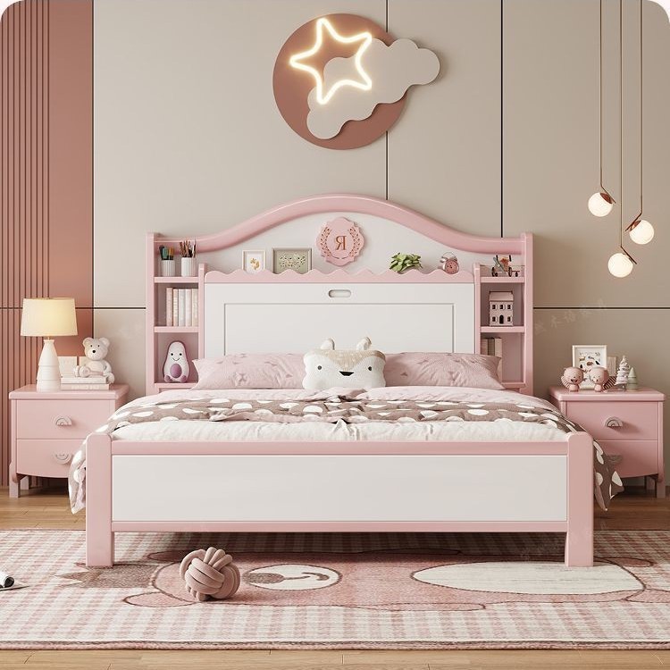 Sábanas de madera maciza para niños dormitorio moderno minimalista 1.5m almacenamiento cama de niña princesa rosa adolescente 1.2m