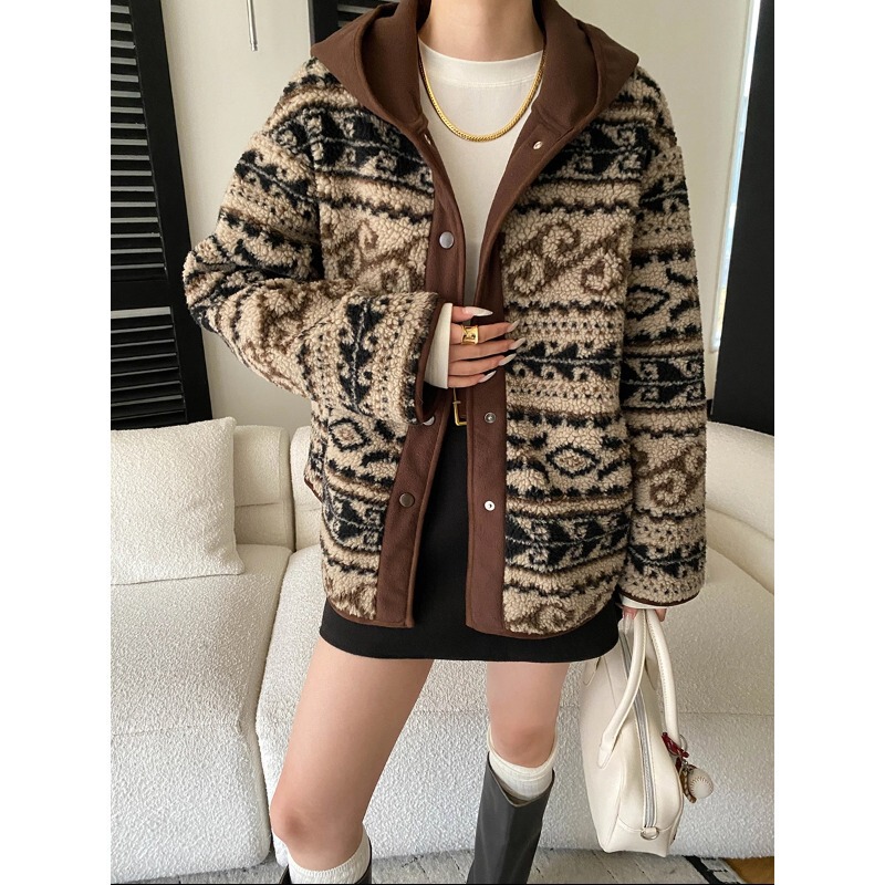 Sinan Warm Fireplace Retro Ethnic Style Jacquard Contrast Color Hooded Imitation Lamb Wool Warm Jacket Sn8363 Sinan Warm Fireplace Retro Ethnic Style Jacquard Contrast Color Hooded Imitation Lamb Wool Warm Jacket Sn8363
