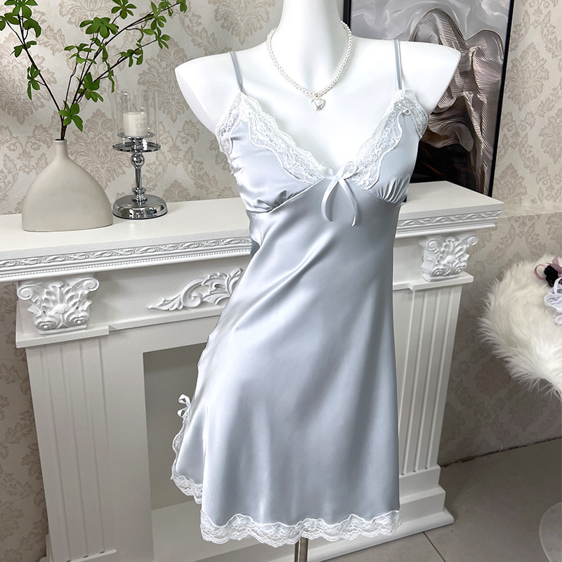 3080 Ice Silk Nightgown Summer Women's Sexy Pajamas plus size Pure Desire Sling Breast Cotton High-end French Style Home Clothes