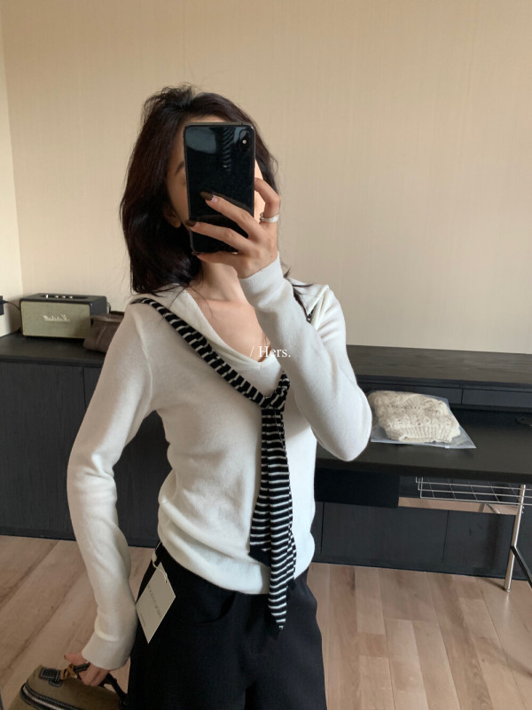 Hers一勺甜秋季韩系气质修身显瘦假两件披肩V领长袖针织衫女92401|undefined