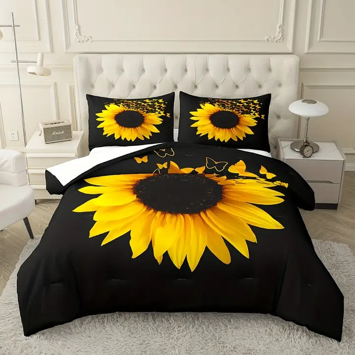TEMU / JIT Cross-Border Home Visit Fresh Sunflower HD Digital Printed Edred Kit de ropa de cama