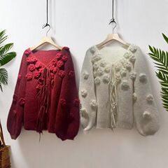 手工花朵立体针织系带开衫女2025秋季新款温柔v领针织毛衣别致
