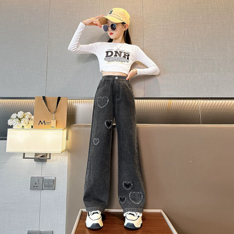 Girls Denim Wide-Leg Pants, Heart Patch & Frayed Hem, Elastic Waist — Spring/Autumn