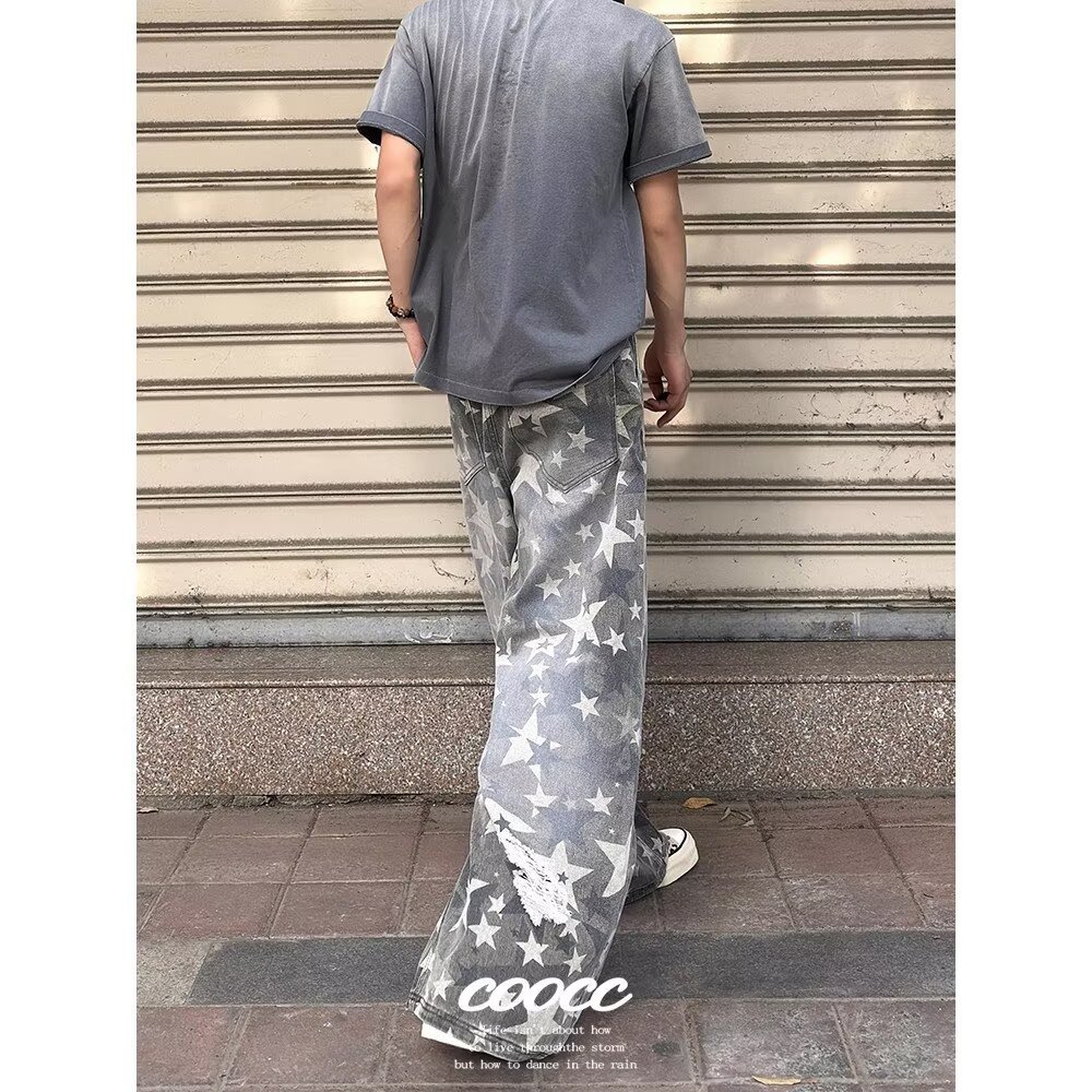 Herrenbekleidung Amerikanische Retro-Jeans im Used-Look mit Camouflage-Muster, locker geschnitten, weit geschnitten, lässige Hose im Streetstyle, geschwungene Kanten_voghion.com
