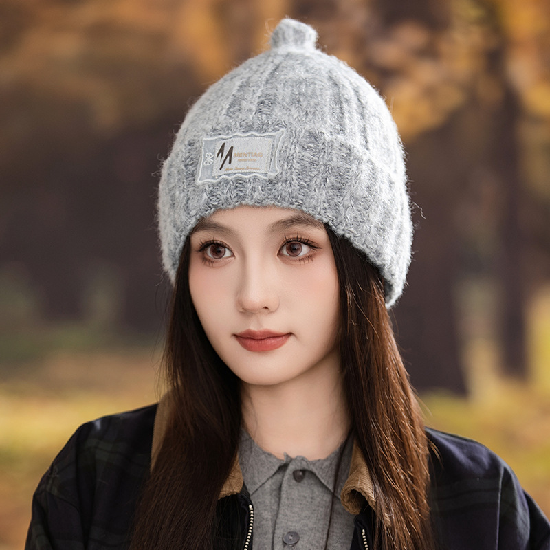 Herfst Winter Dames Stoffen Label Gebreide Wol Koreaanse Stijl Winddicht Warm Gehoorbescherming Mode Grote Kop_voghion.com