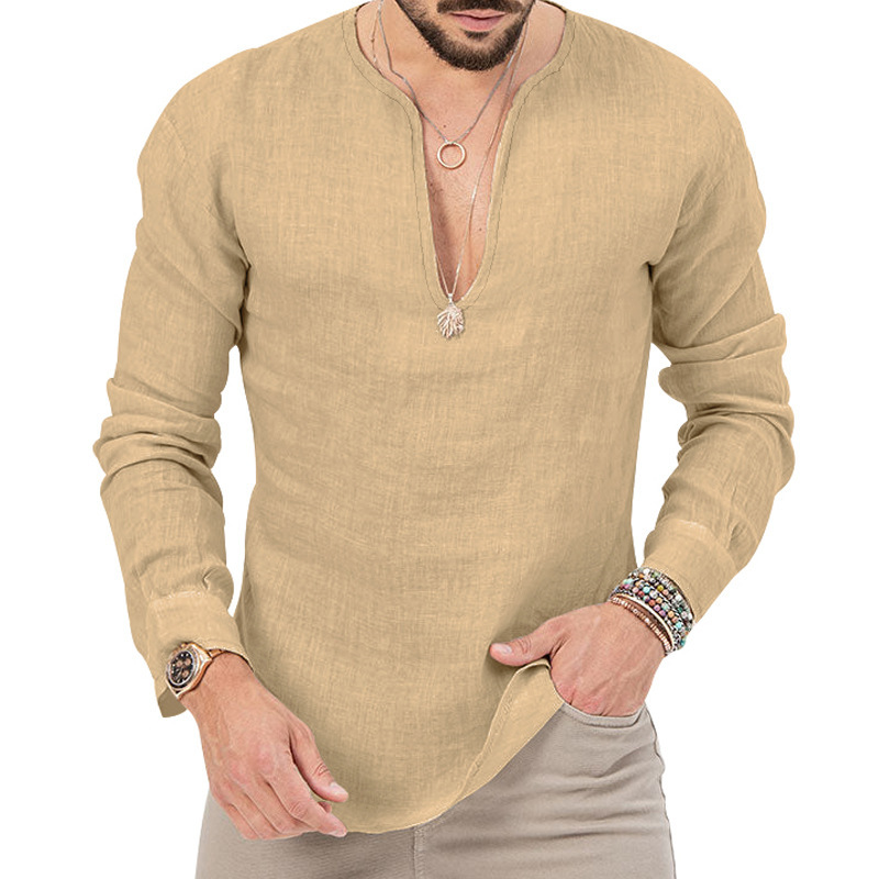 T-shirt homme casual coton lin col en v coupe oversized_voghion.com