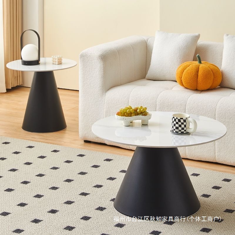 Nordic Light Luxury Cream Style Side Table Tea Table Wrought Iron Living Room Small Apartment Household Simple Slate Wrought Iron Coffee Table Round