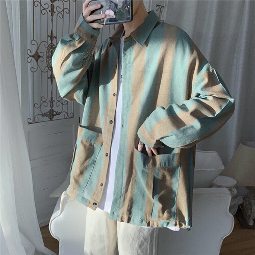 Japanese striped shirt for men, Korean style workwear top, autumn couple long-sleeved shirt, loose and versatile, student uniform, trendy