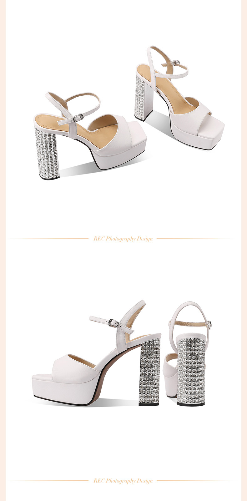 Sandal cao gót nữ đế platform da thật đính đá quai ngang khóa chữ T — đen chi tiết 7