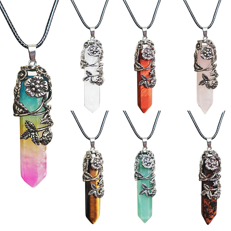 30g Weight Pendant Necklace Classification Foreign Trade Ornament Natural Stone Bullet Crystal Single Tip Hexagon Prism Pendant Rose Plum Necklace