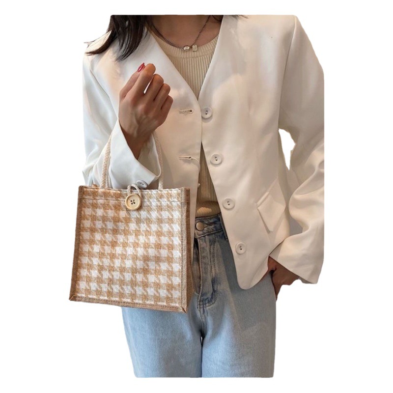 New Arrival Handheld Canvas Women's Bag Large Capacity Fashionable Houndstooth Shopping Shoulder Bag Student Class Benton Cross-border