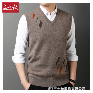 Wool Sweater Vest Men's Autumn Striped Thickened V-Neck Wool Knitted Vest Men's Sleeveless Top Sweater for Men