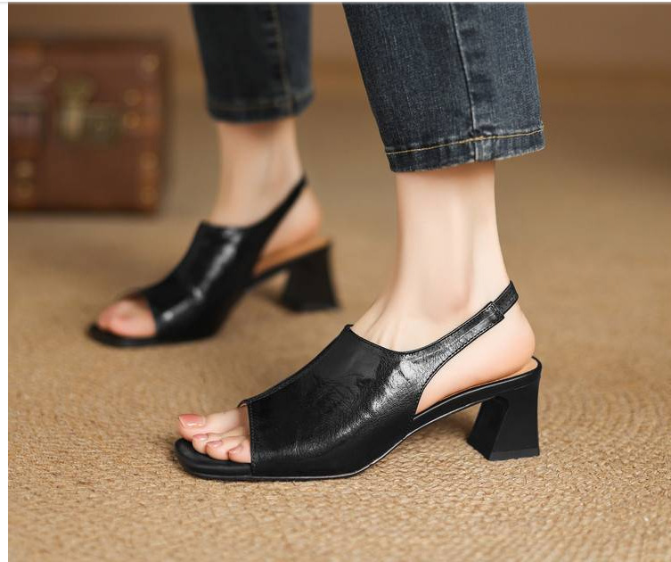 Sandal cao gót nữ hở mũi quai ngang gót vuông 7 cm mũi vuông phong cách Hàn — Đen và cao 7 cm chi tiết 5
