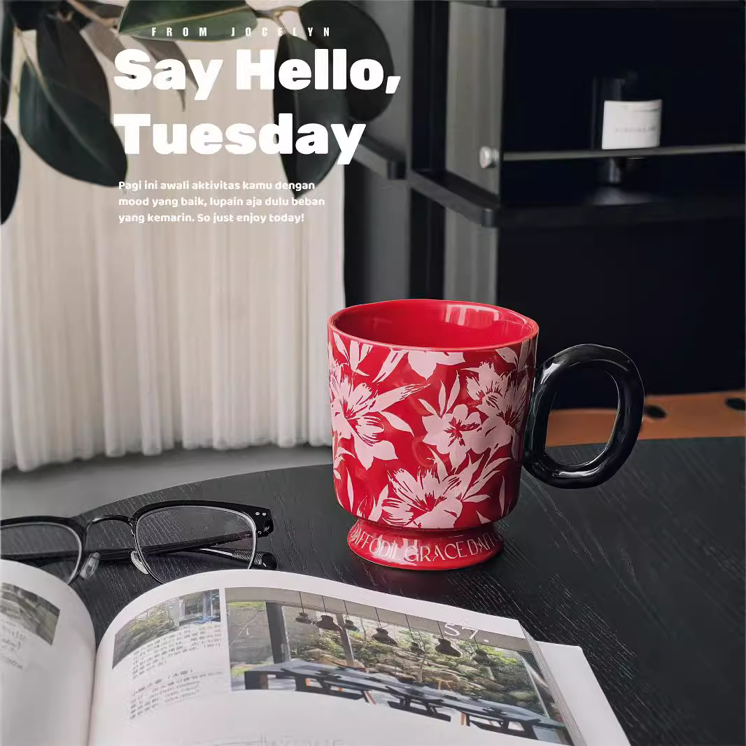 Taza de agua de cerámica retro Tulip Garden Taza de pie alto para parejas Taza de café Taza de regalo de agua bebida