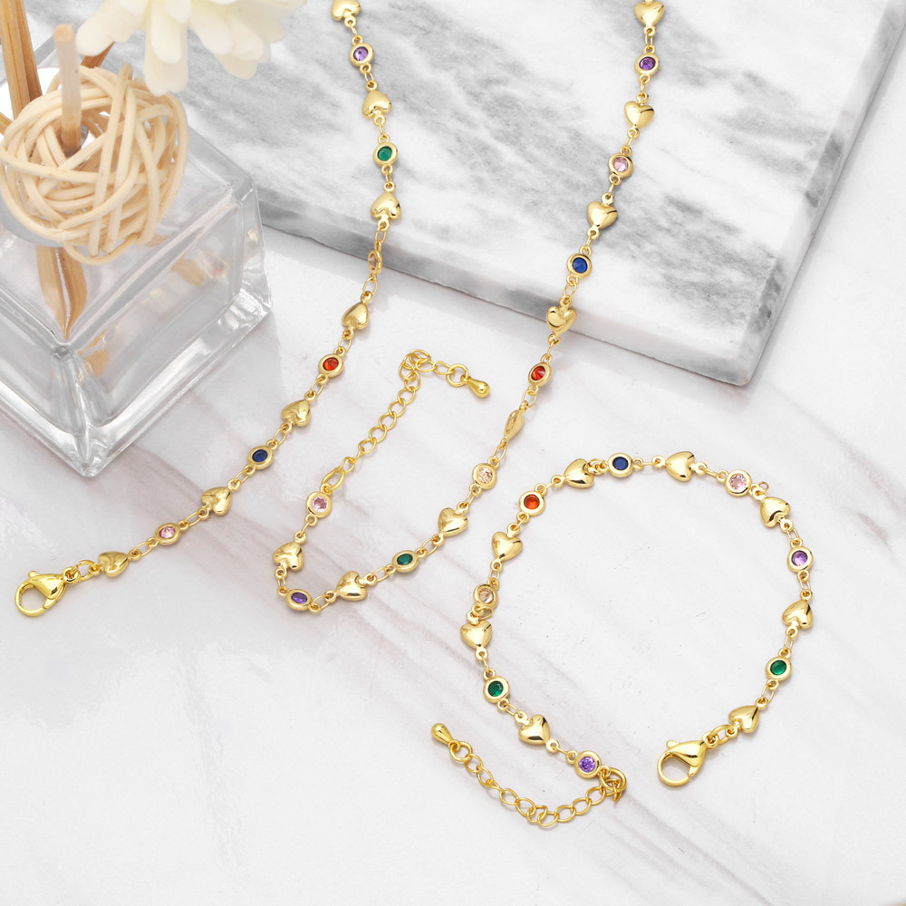 bohemian style colorful zircon heart chain copper necklace bracelet