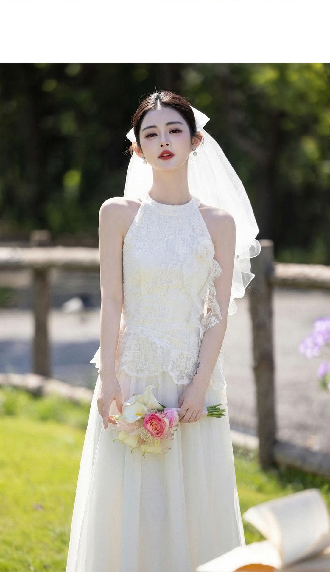 Đầm trắng dáng suông midi cổ yếm tay không – váy cưới đơn giản đi đăng ký kết hôn mùa hè — Trắng chi tiết 10