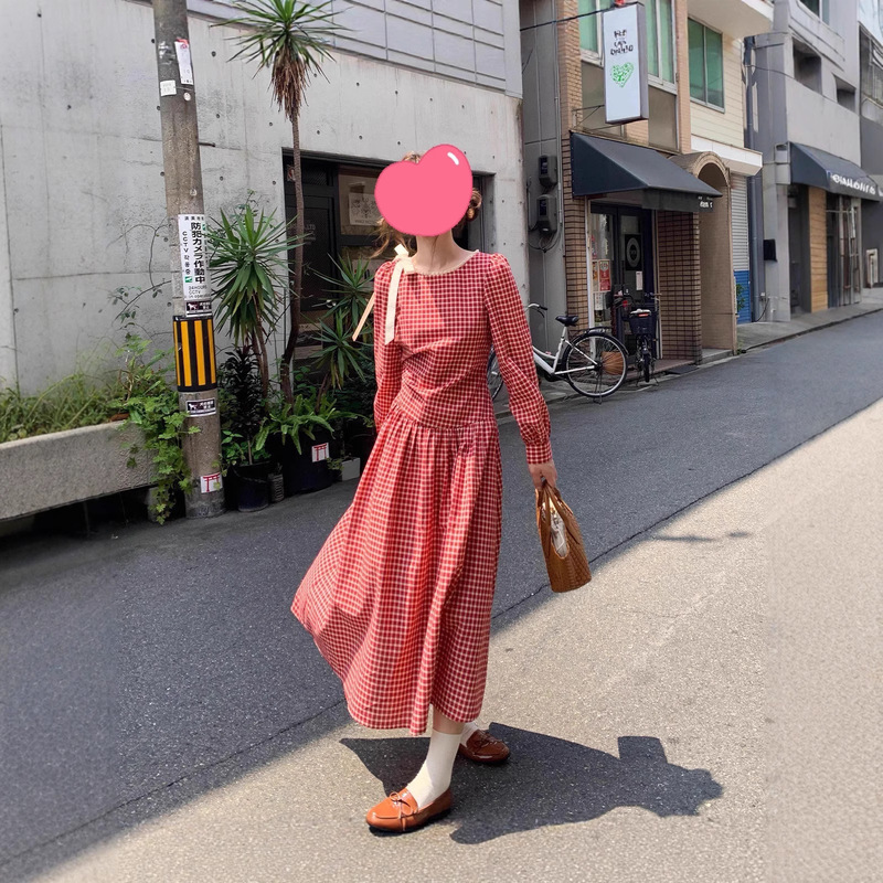 Canon Lace Collar Retro Plaid Long-Sleeved Dress for Women 2025 New Style A-Line Long Dress 2026 Spring New Style Vacation