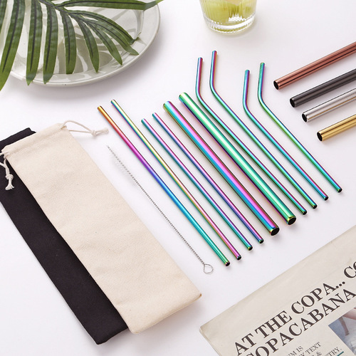 304 stainless steel straw set cross-border color metal straw bag set milk tea coffee drink long straw