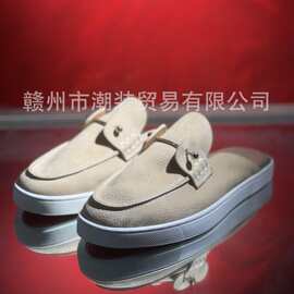 cl andgz红底鞋米色小牛皮圆头五金扣一脚蹬船鞋包头拖鞋男女半拖