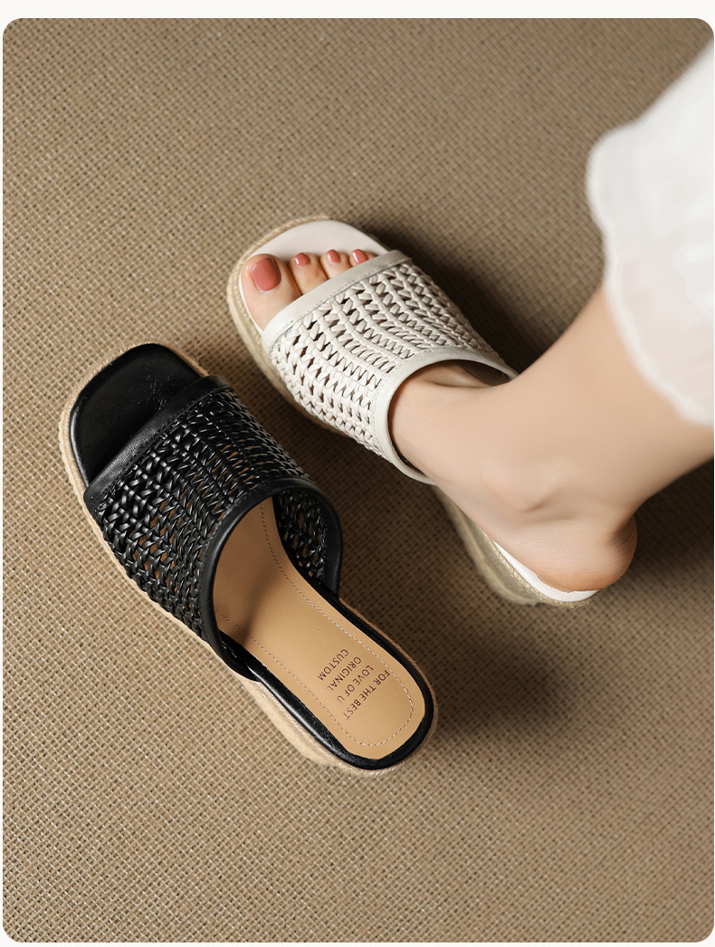 Sandal cao gót nữ mũi vuông đế rơm gót 10 cm — màu đen, màu trắng chi tiết 14