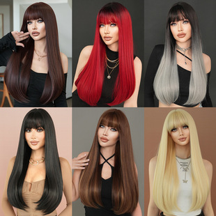 Factory wholesale European and American women's long straight hair mocha brown neat bangs inner buckle level fashion wig full head cover Wigs