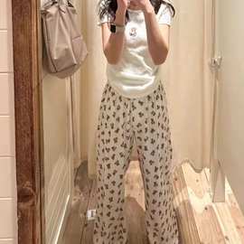 BM风 小熊印花高腰直筒裤女新款宽松显瘦百搭休闲裤睡裤长裤