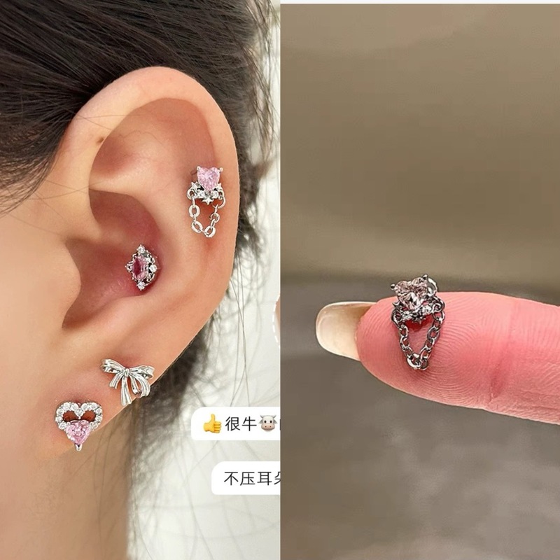 ピンク耳骨ネイルコレクション、ジルコン耳ネイル、医療用チタン鋼蝸牛ネイル、耳ピアス、耳骨ネイル、イヤリング、平底スパイラル|undefined