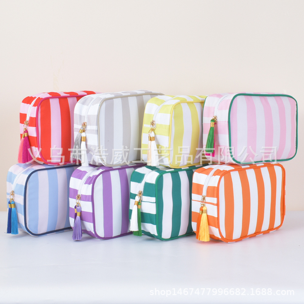 Cross-Border Embroidered Striped Cosmetic Bag Portable Tassel Toiletry Bag Travel Business Trip Canvas Printed Storage Bag Ready for Sale