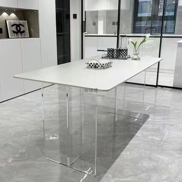 亚克力悬浮纯白岩板餐桌椅组合家用小户型现代简约长方形吃饭桌|undefined