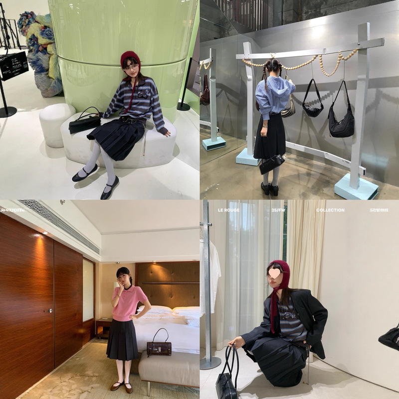 le rouge周美美 私服收藏经典简约深灰黑白格百褶中长半身裙腰链|undefined