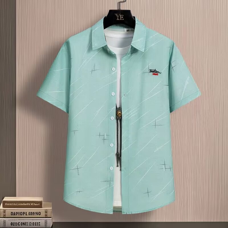 Ice Silk Short-Sleeved Shirt for Men, Summer Ultra-Thin Embroidered Casual Fashion Shirt, Half-Sleeved Shirt, Versatile and Stylish