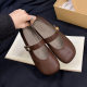 Vintage Square Head Mary Jane Small Leather Shoes Women's 2025 Spring and Summer New Velcro Flat Shoes Soft Bottom Bean Shoes