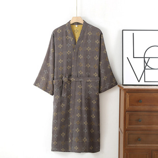 Men's Kimono Robe Pure Cotton Yarn-Dyed Jacquard Pajamas Mid-Length Spring and Summer Large Size Bathrobe Pajamas for Men