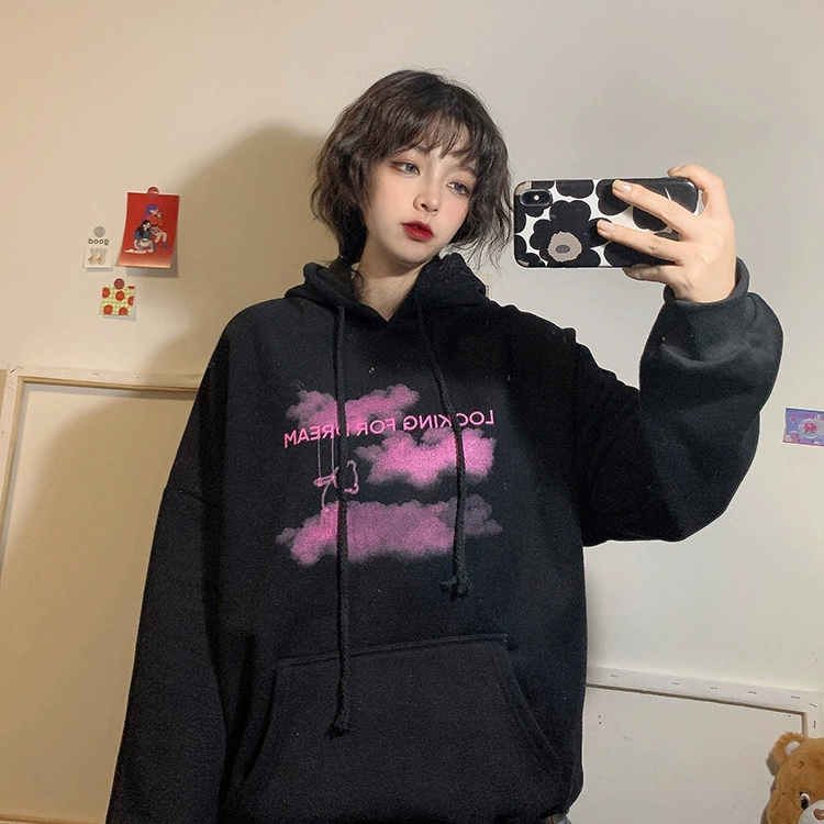 Новая женская толстовка оверсайз с капюшоном, на флисовой подкладке, утепленная, с ретро-японским мультяшным принтом, в стиле BF, осень-зима 2025