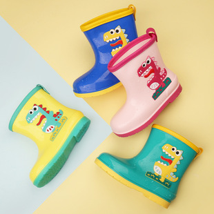 Export Cross-Border Children's Rain Boots for Boys and Girls Plus Cotton Rain Boots Dinosaur Cartoon Middle and Large Children's Waterproof Shoes for Primary School Students Wholesale