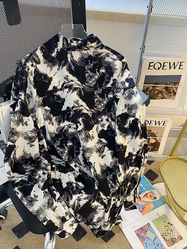 Camisa de verano para hombre de manga larga delgada drapeado camisa de protección solar sin planchar volantes guapo camisa impresa de pintura de tinta de alto grado