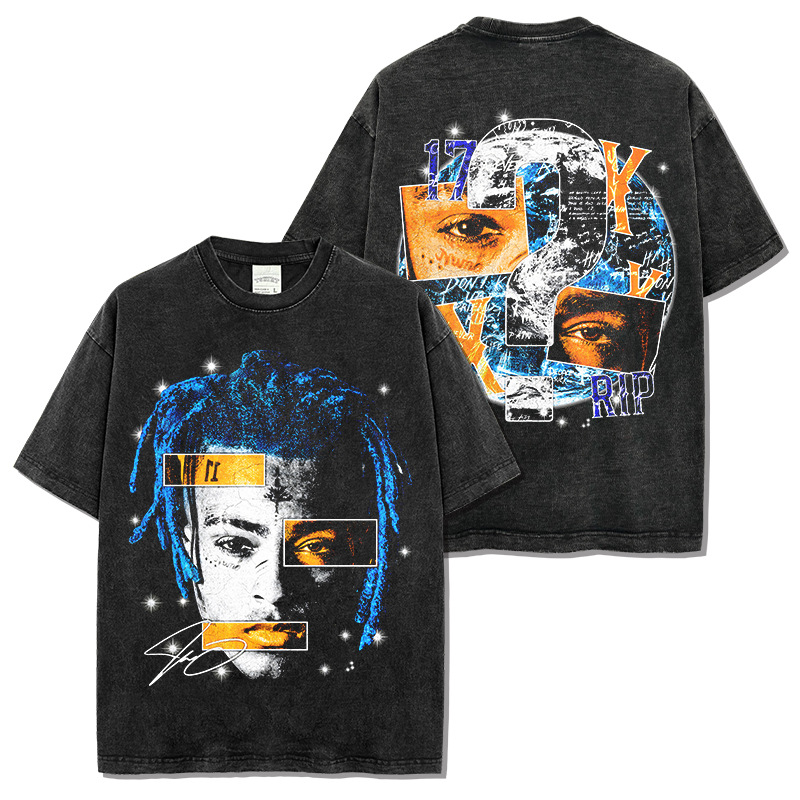 Cross-border American retro hip-hop XXX TENTACION printed short-sleeved T-shirt wash heavy cotton small neckline t